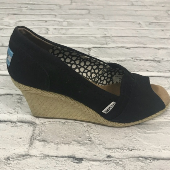 TOMS Shoes - TOMS Black Canvas and Jute Peeptoe Wedges size 7.5
